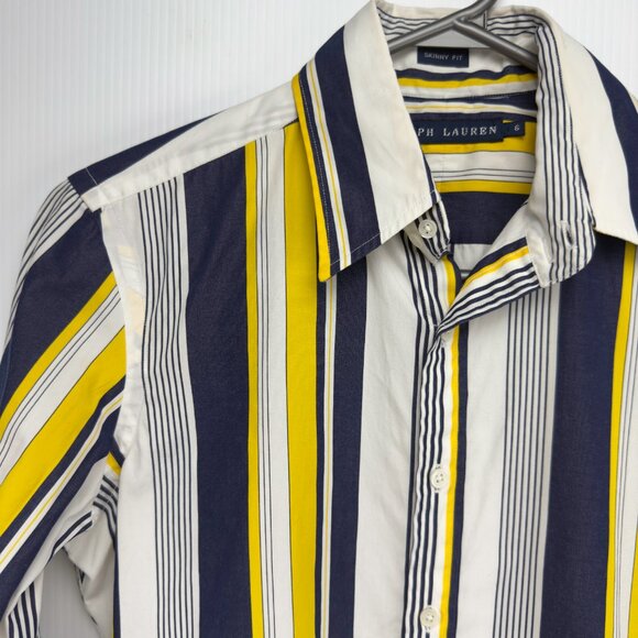 RALPH LAUREN Blue Label VTG Skinny Fit Striped Navy/Yellow/White Shirt Size 6 - Picture 6 of 11